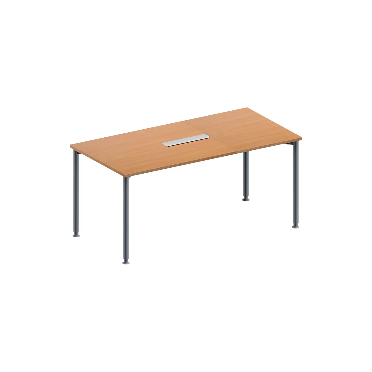 Schäfer Shop Mesa de conferencias Genius, panel de conexión de mesa de 6 vías, rectangular, tubo redondo de 4 patas, An 1600 x F 800 x Al 720-840 mm, haya/aluminio blanco RAL 9006