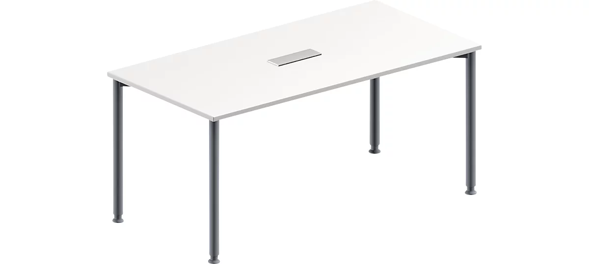 Schäfer Shop Mesa de conferencias Genius, panel de unión de mesa abatible 3 veces, rectangular, tubo redondo de 4 pies, An 1600 x F 800 x Al 720-840 mm, aluminio blanco/blanco RAL 9006