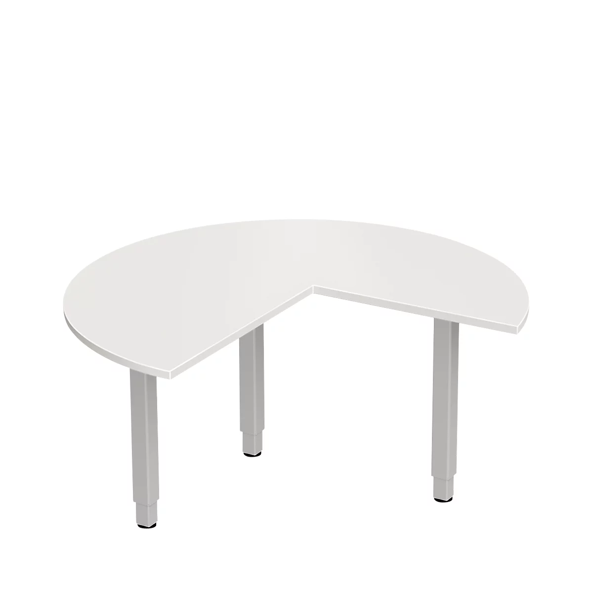 Un escritorio blanco semicircular con tres patas grises sobre un fondo blanco.