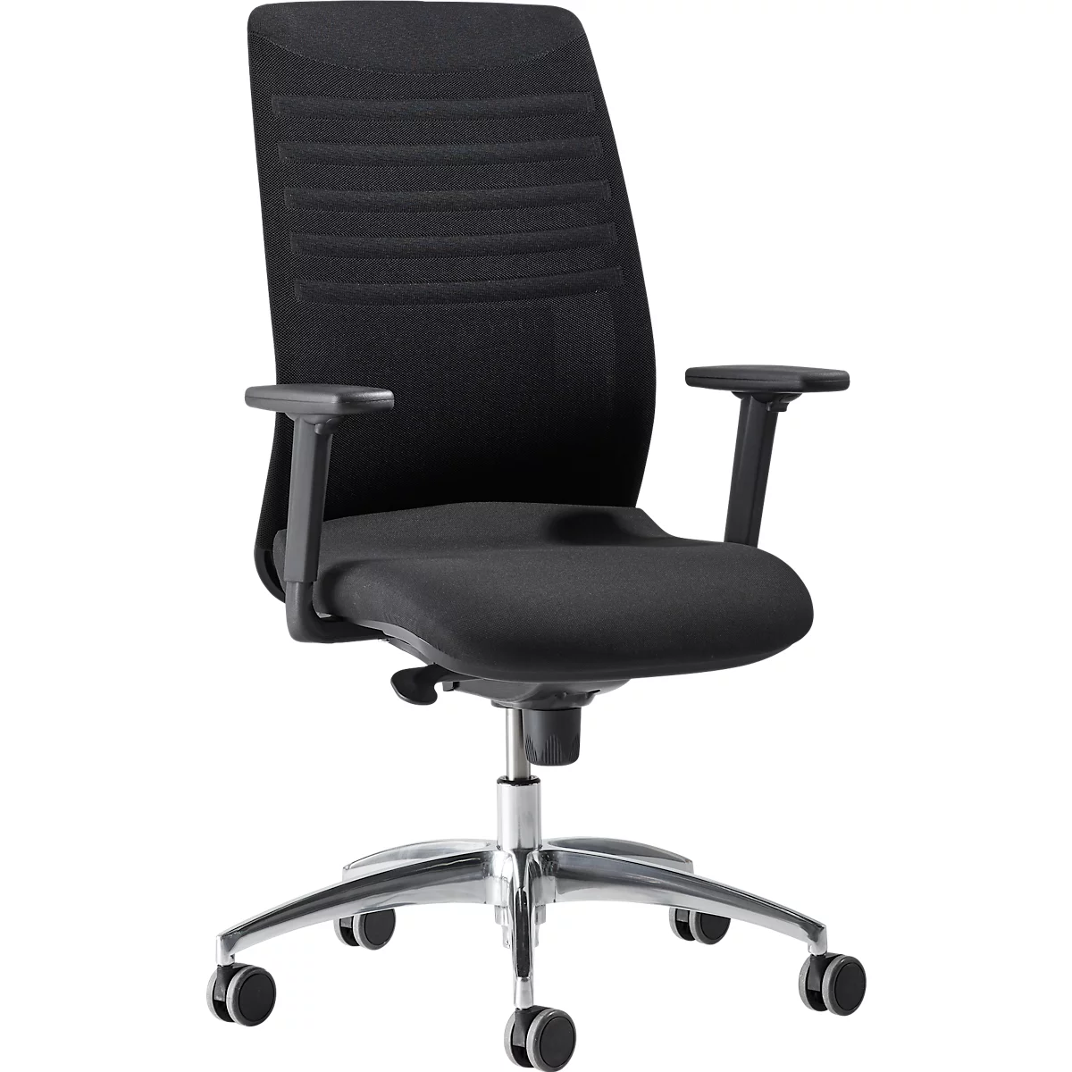 Black office chair with backrest and armrests, standing on castors.