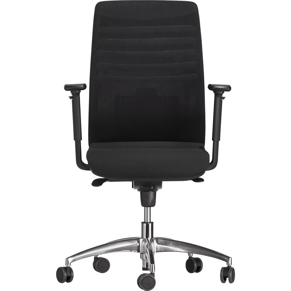 Black office chair with a high back, armrests and castors. The chair has a metallic frame.