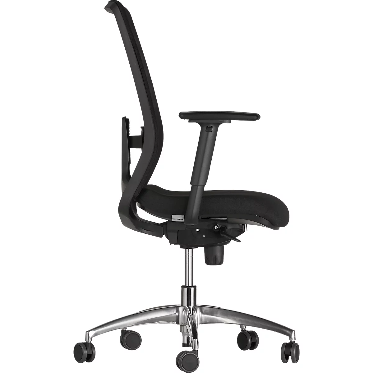 Black office chair, seen from the side, with mesh back and chrome base.