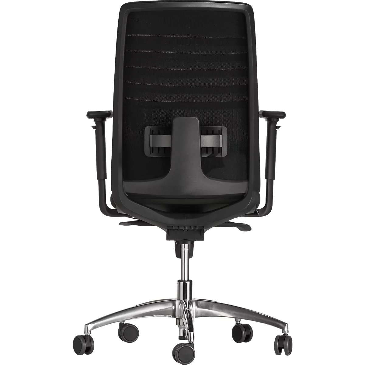 Back view of a black office chair with adjustable armrests and wheels.
