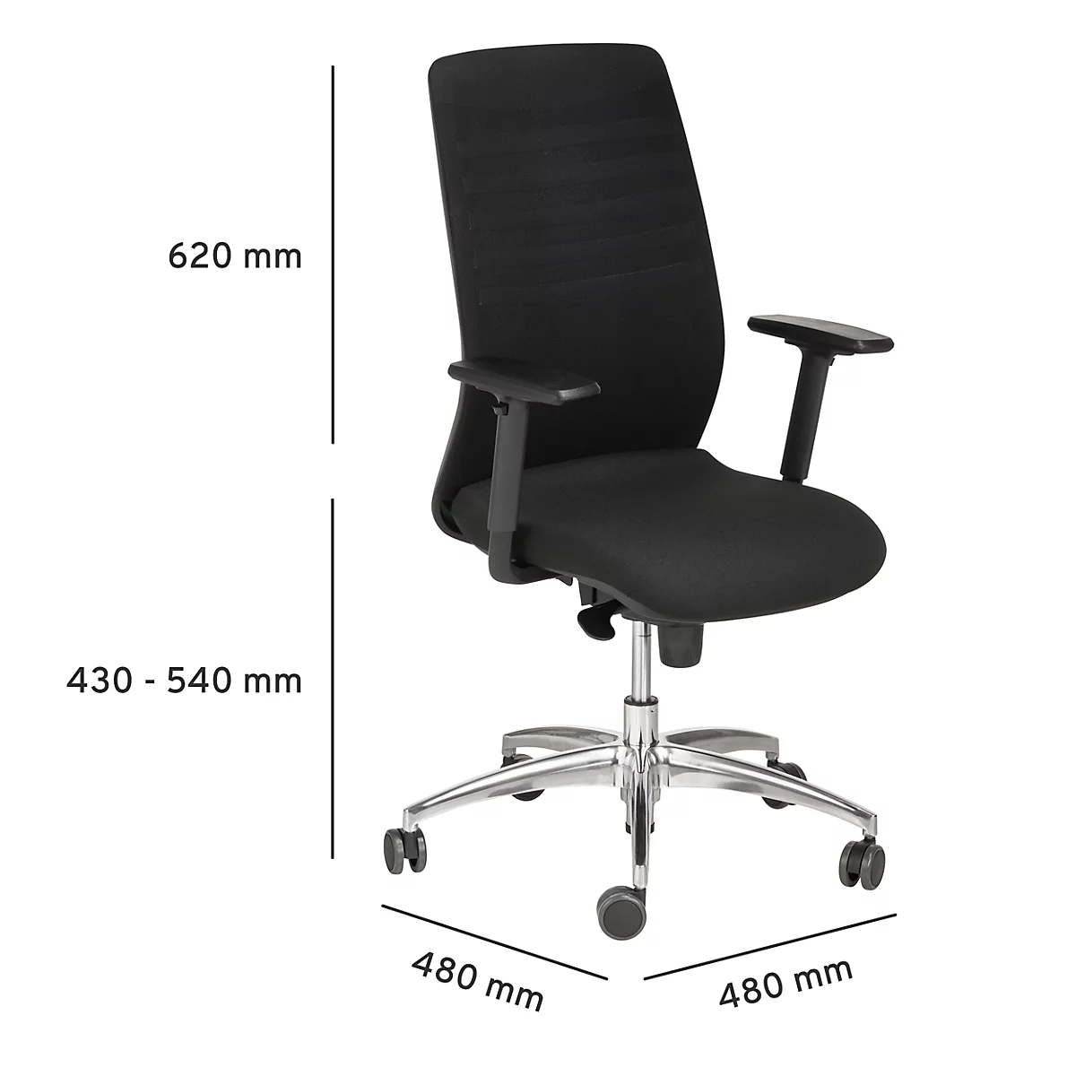 Black office chair on white background with dimensions. Height 620 mm, seat height 430-540 mm, width 480 mm.