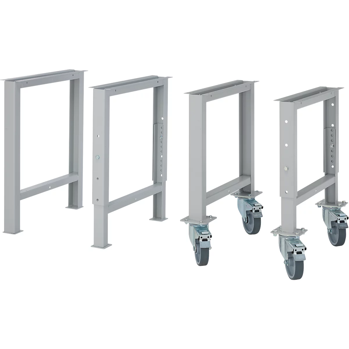 Plusieurs pieds de table en métal, deux sans et deux avec roulettes, gris clair sur fond blanc.