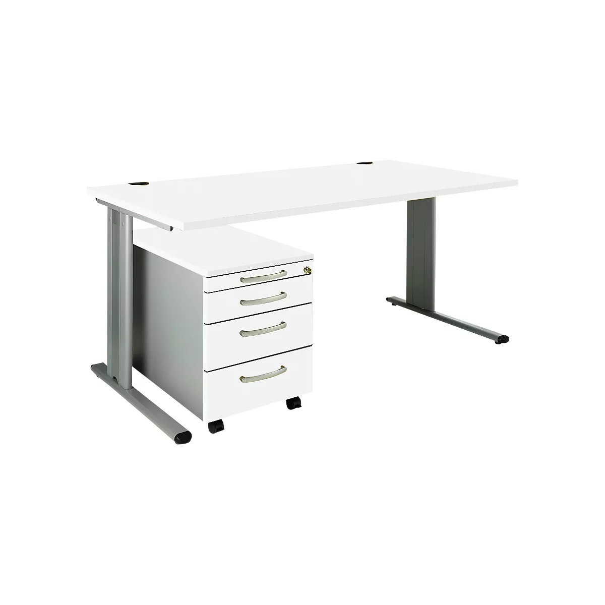 Schäfer Shop Pure 2-delige kantoormeubelset PLANOVA BASIC, bureau, B 1600 mm, wit/wit aluminium, met kabelgoot + verrijdbaar onderstel 1233