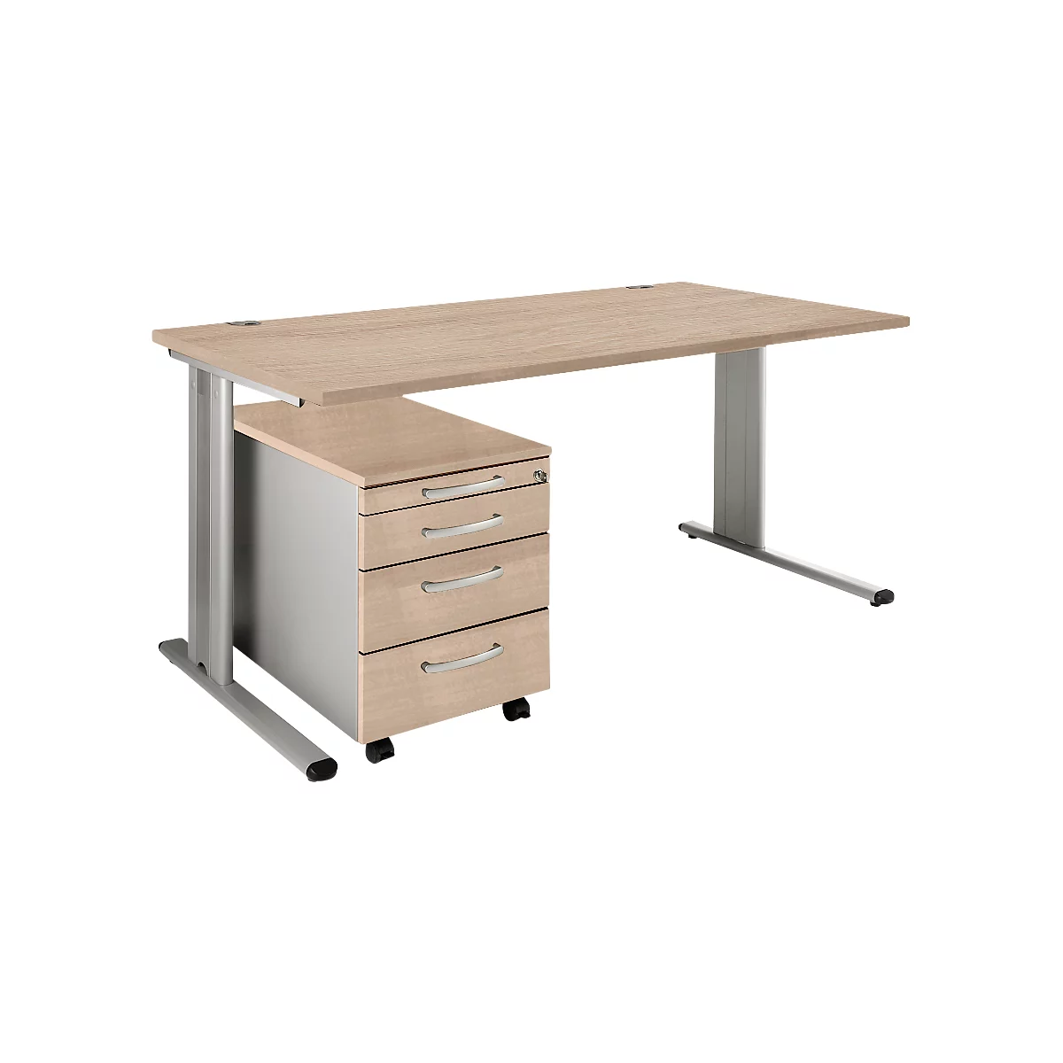 Schäfer Shop Pure 2-tlg. Büromöbel-Set PLANOVA BASIC, Schreibtisch, B 1600 mm, Eiche/weißalu, mit Kabelkanal + Rollcontainer 1233