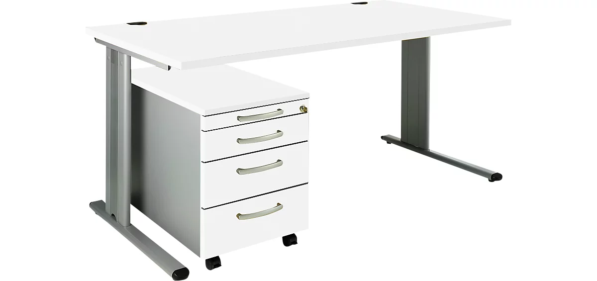 Schäfer Shop Pure 2-tlg. Büromöbel-Set PLANOVA BASIC, Schreibtisch, B 1600 mm, weiß/weißalu, mit Kabelkanal + Rollcontainer 1233