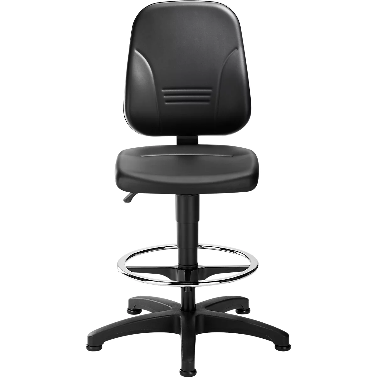 Schwarzer Drehstuhl mit Rückenlehne, Sitzfläche, Fußring und Sternfuß.