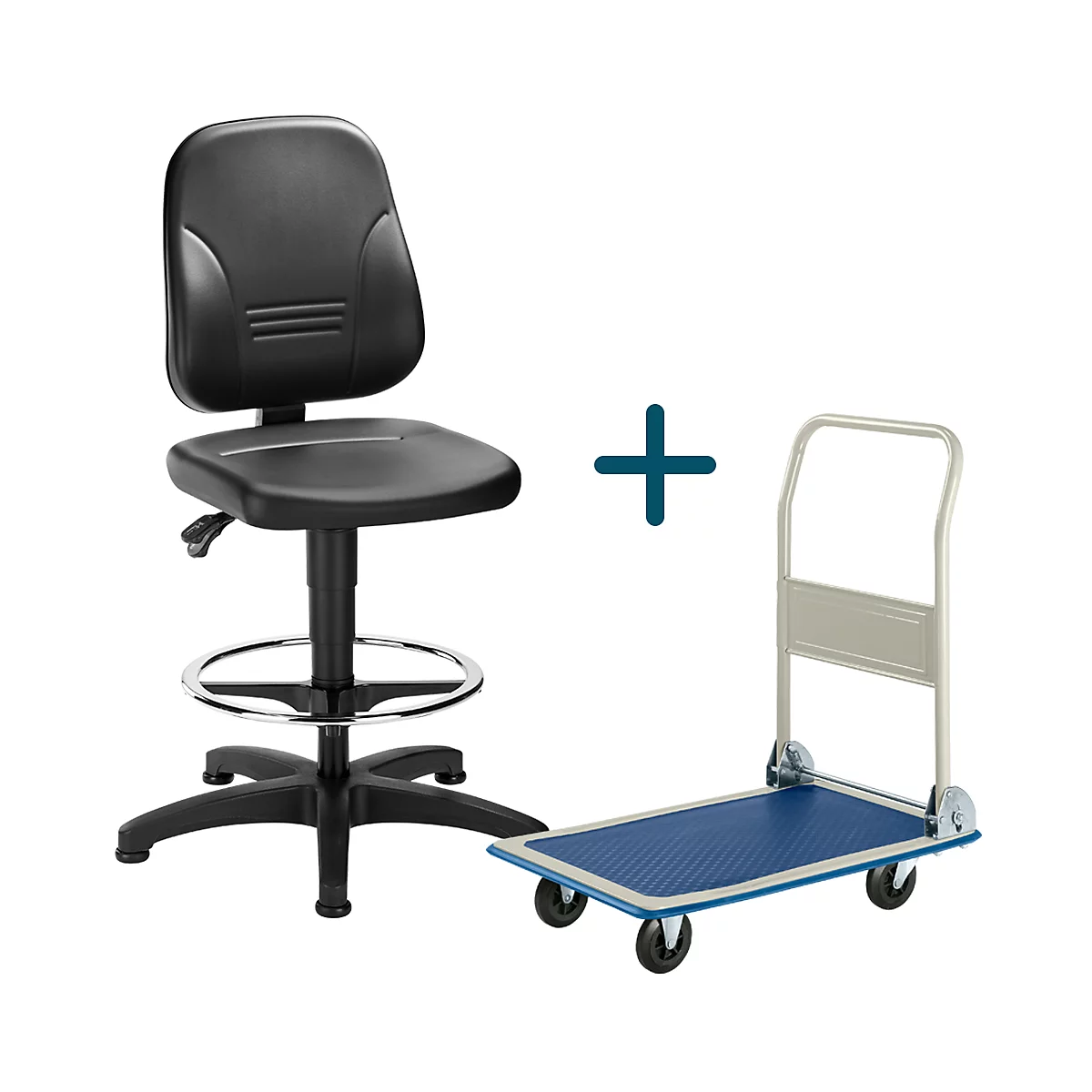 Schwarzer Arbeitsstuhl und blauer Rollwagen, durch ein Pluszeichen verbunden.