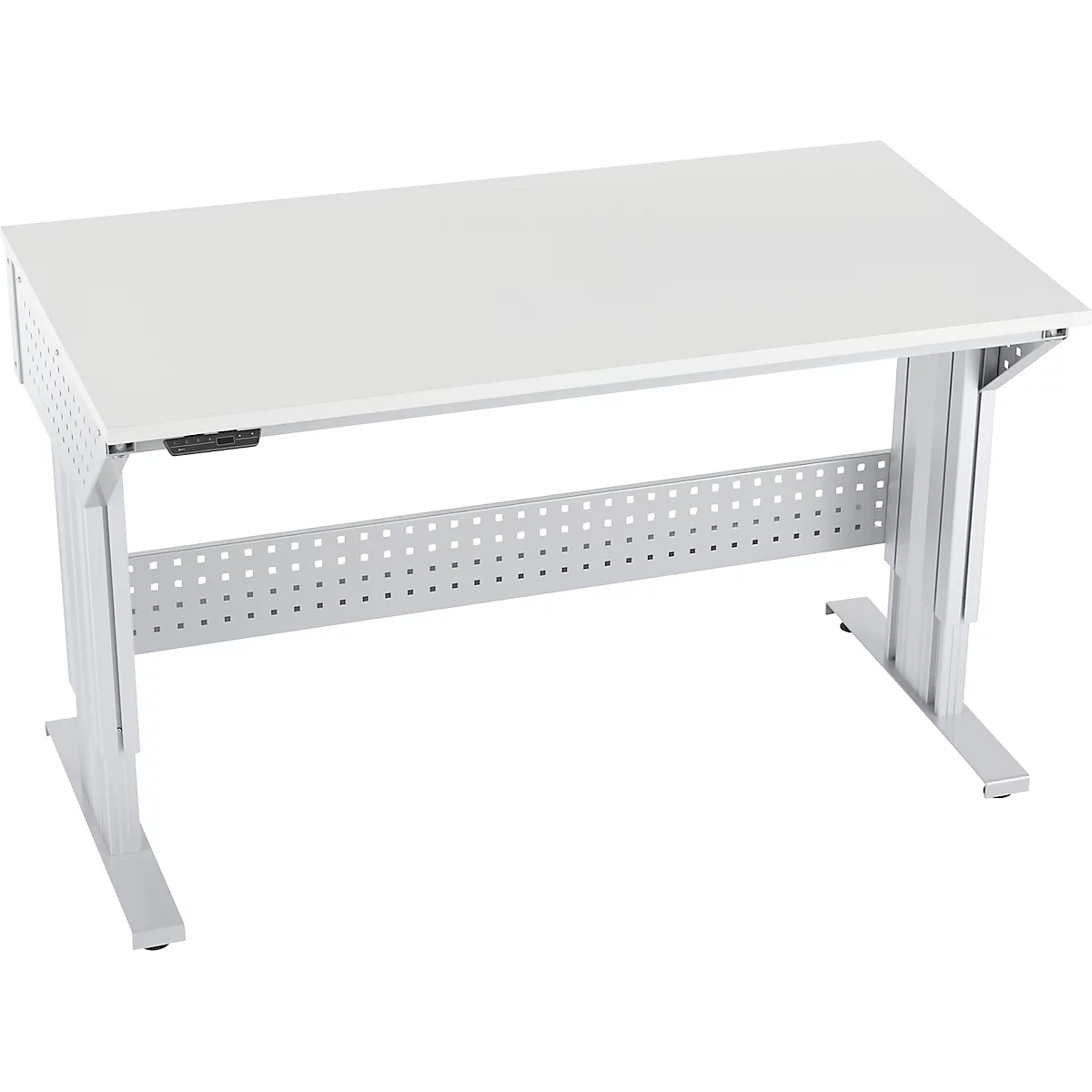 Schäfer Shop Pure Arbeitstisch AST31, elektrisch höhenverstellbar, Melaminplatte, T-Fuß, bis 400 kg, B 1500 x T 800 x H 725-1155 mm, weißaluminium/lichtgrau