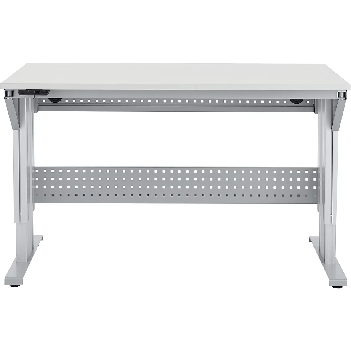 Schäfer Shop Pure Arbeitstisch AST31, elektrisch höhenverstellbar, Melaminplatte, T-Fuß, bis 400 kg, B 1500 x T 800 x H 725-1155 mm, weißaluminium/lichtgrau