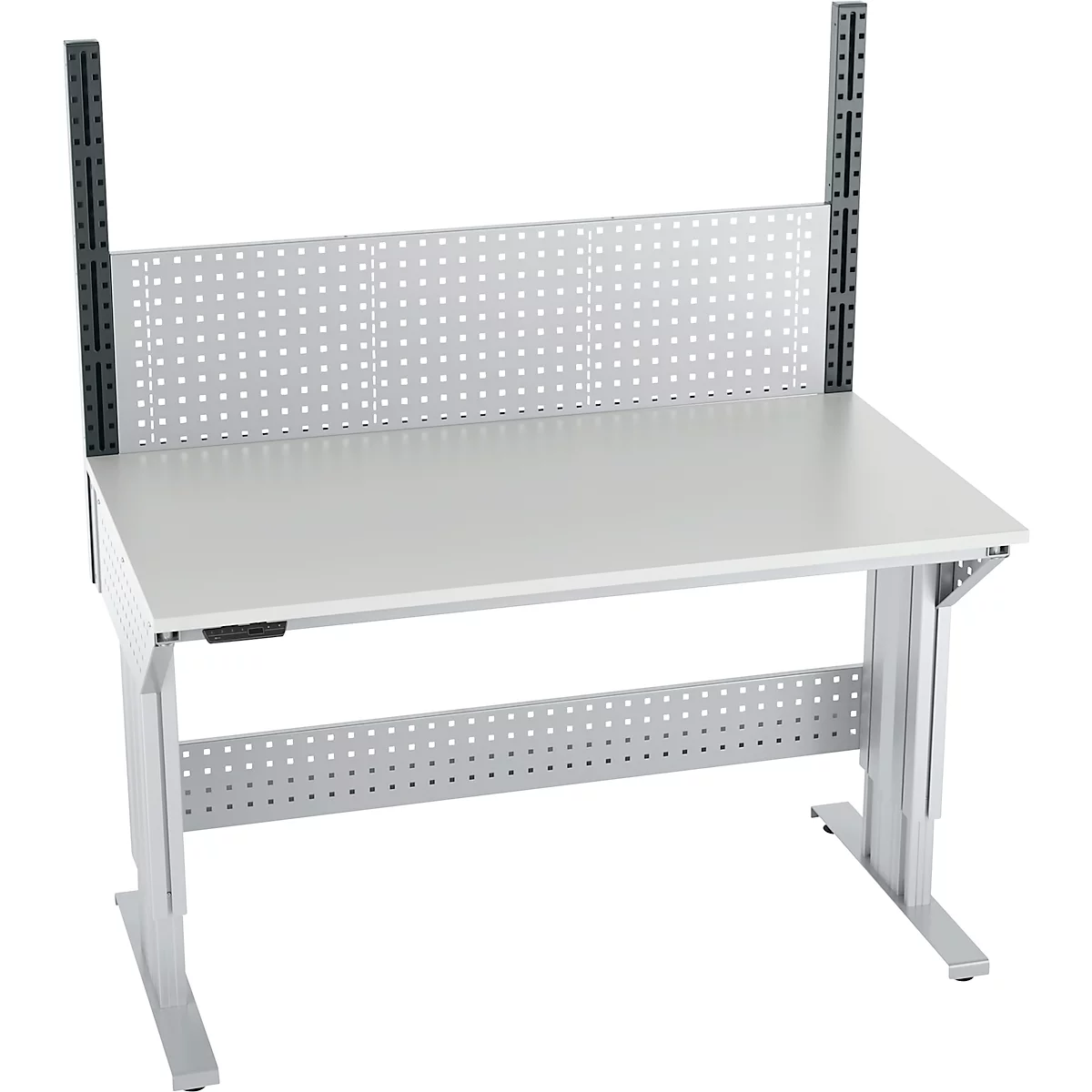 Schäfer Shop Pure Arbeitstisch AST31, elektrisch höhenverstellbar, Melaminplatte, T-Fuß, bis 400 kg, B 1500 x T 800 x H 725-1155 mm, weißaluminium/lichtgrau