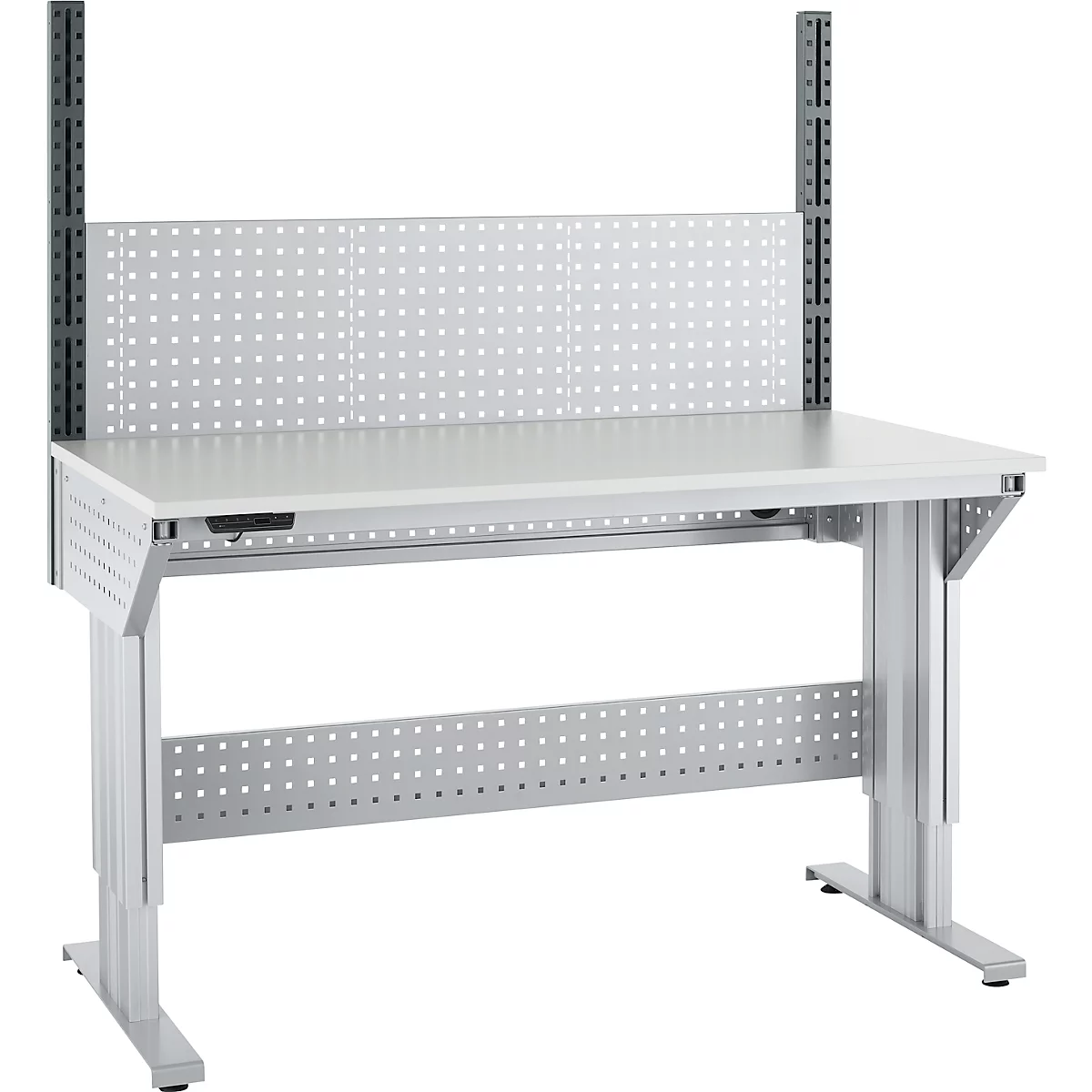 Schäfer Shop Pure Arbeitstisch AST31, elektrisch höhenverstellbar, Melaminplatte, T-Fuß, bis 400 kg, B 1500 x T 800 x H 725-1155 mm, weißaluminium/lichtgrau