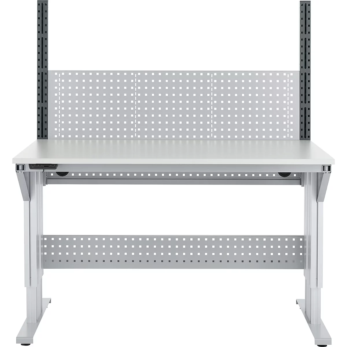 Schäfer Shop Pure Arbeitstisch AST31, elektrisch höhenverstellbar, Melaminplatte, T-Fuß, bis 400 kg, B 1500 x T 800 x H 725-1155 mm, weißaluminium/lichtgrau