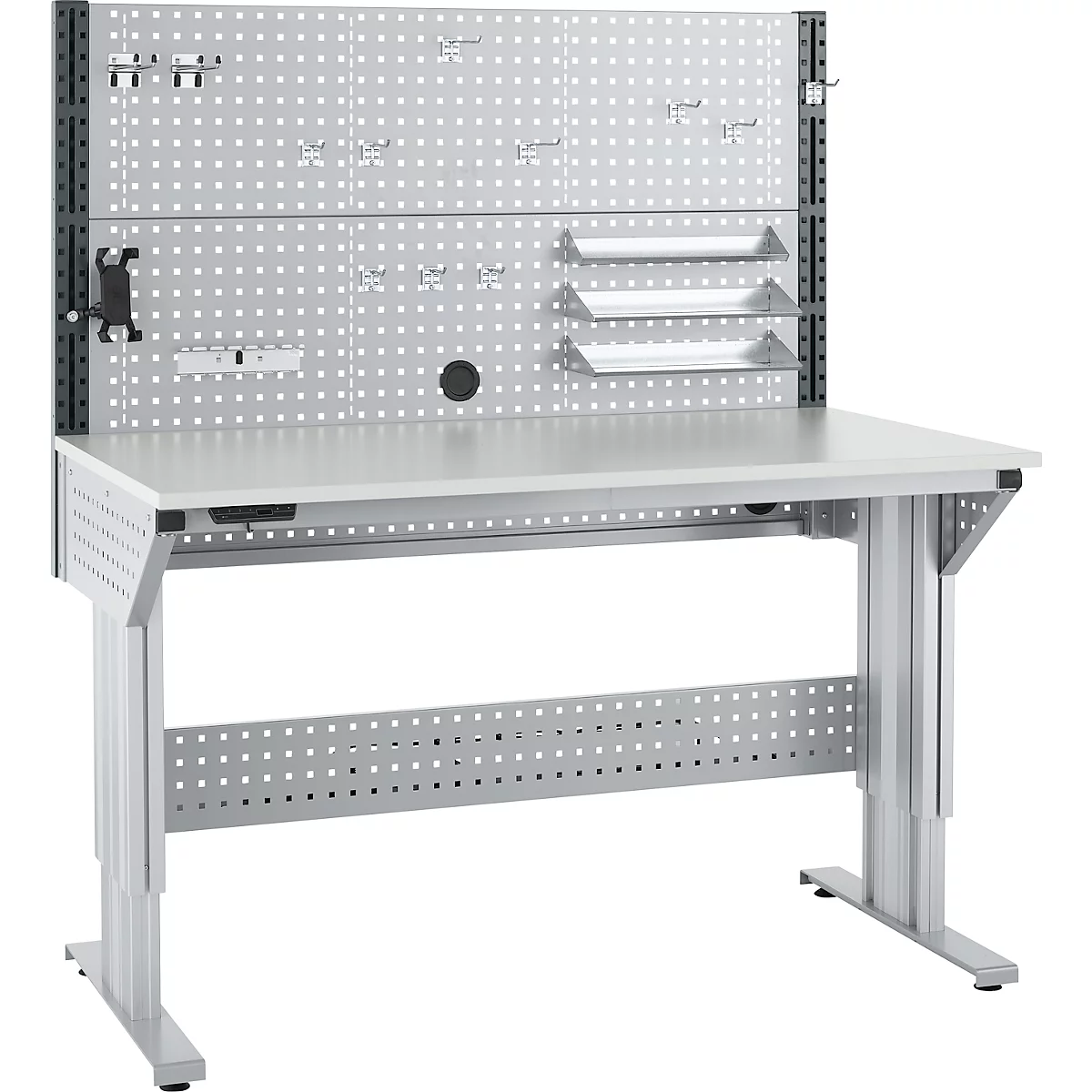 Schäfer Shop Pure Arbeitstisch AST31, elektrisch höhenverstellbar, Melaminplatte, T-Fuß, bis 400 kg, B 1500 x T 800 x H 725-1155 mm, weißaluminium/lichtgrau