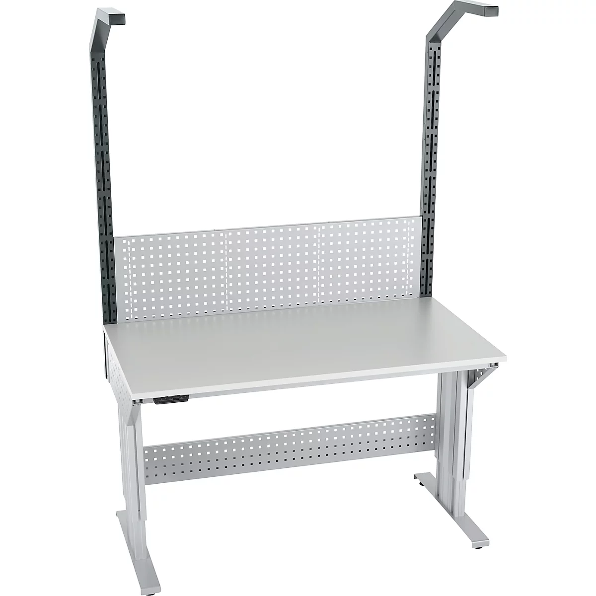 Schäfer Shop Pure Arbeitstisch AST31, elektrisch höhenverstellbar, Melaminplatte, T-Fuß, bis 400 kg, B 1500 x T 800 x H 725-1155 mm, weißaluminium/lichtgrau