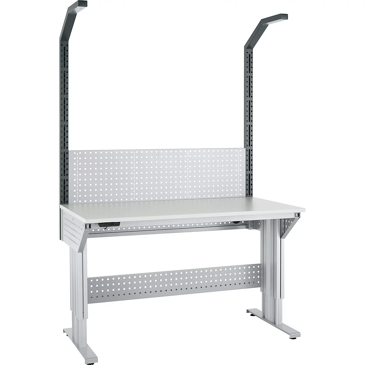 Schäfer Shop Pure Arbeitstisch AST31, elektrisch höhenverstellbar, Melaminplatte, T-Fuß, bis 400 kg, B 1500 x T 800 x H 725-1155 mm, weißaluminium/lichtgrau