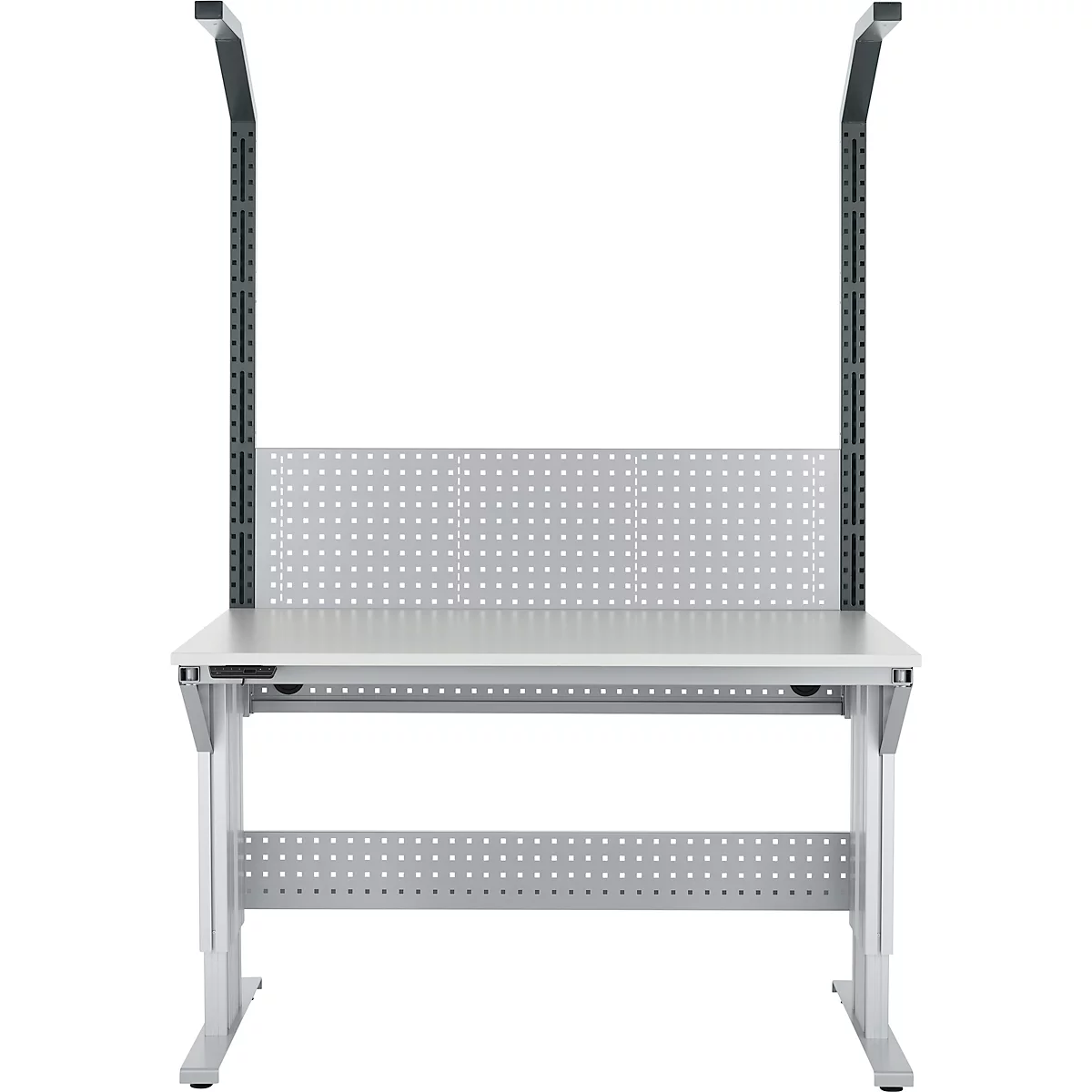 Schäfer Shop Pure Arbeitstisch AST31, elektrisch höhenverstellbar, Melaminplatte, T-Fuß, bis 400 kg, B 1500 x T 800 x H 725-1155 mm, weißaluminium/lichtgrau