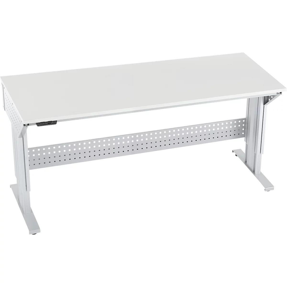 Schäfer Shop Pure Arbeitstisch AST31, elektrisch höhenverstellbar, Melaminplatte, T-Fuß, bis 400 kg, B 2000 x T 800 x H 725-1155 mm, weißaluminium/lichtgrau