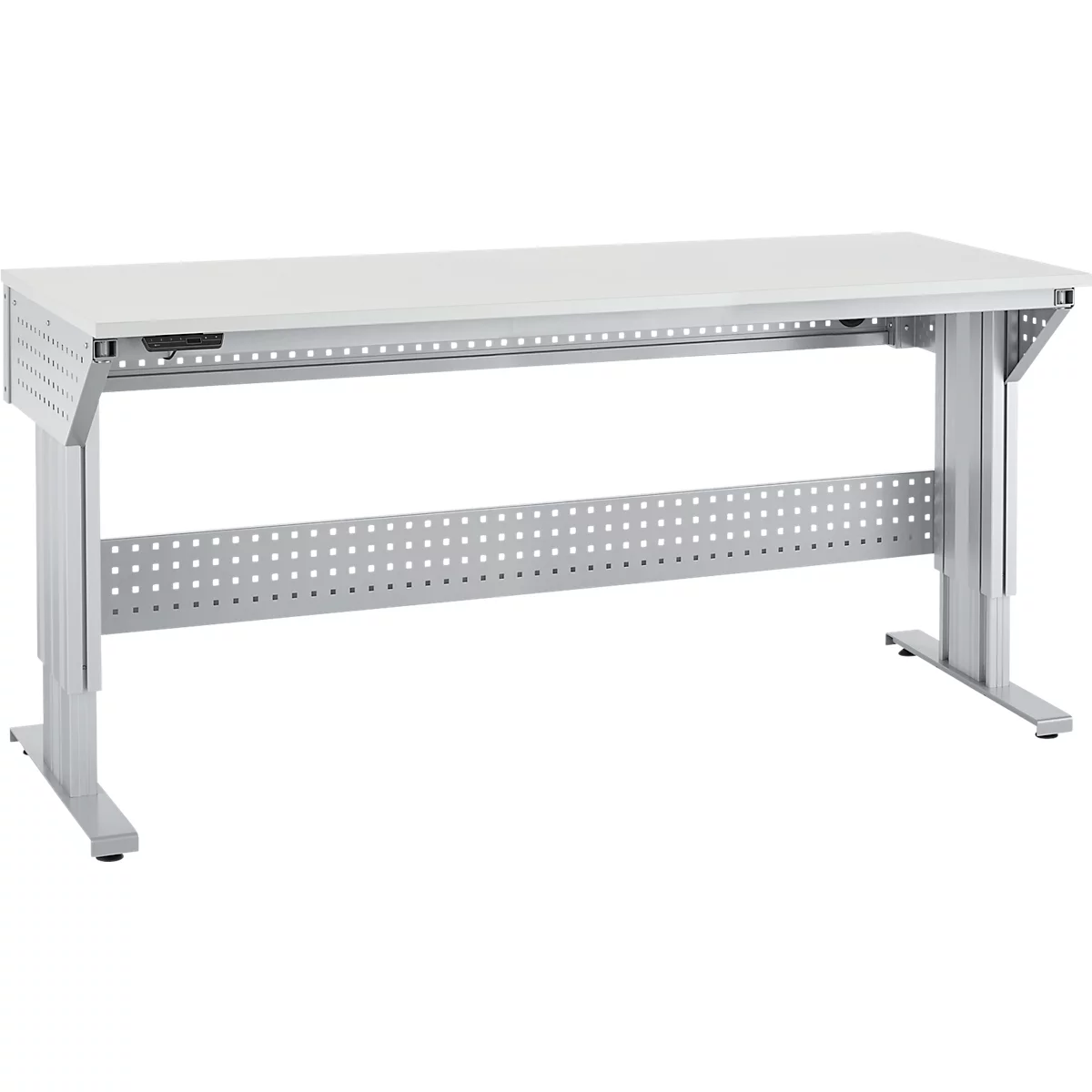 Schäfer Shop Pure Arbeitstisch AST31, elektrisch höhenverstellbar, Melaminplatte, T-Fuß, bis 400 kg, B 2000 x T 800 x H 725-1155 mm, weißaluminium/lichtgrau