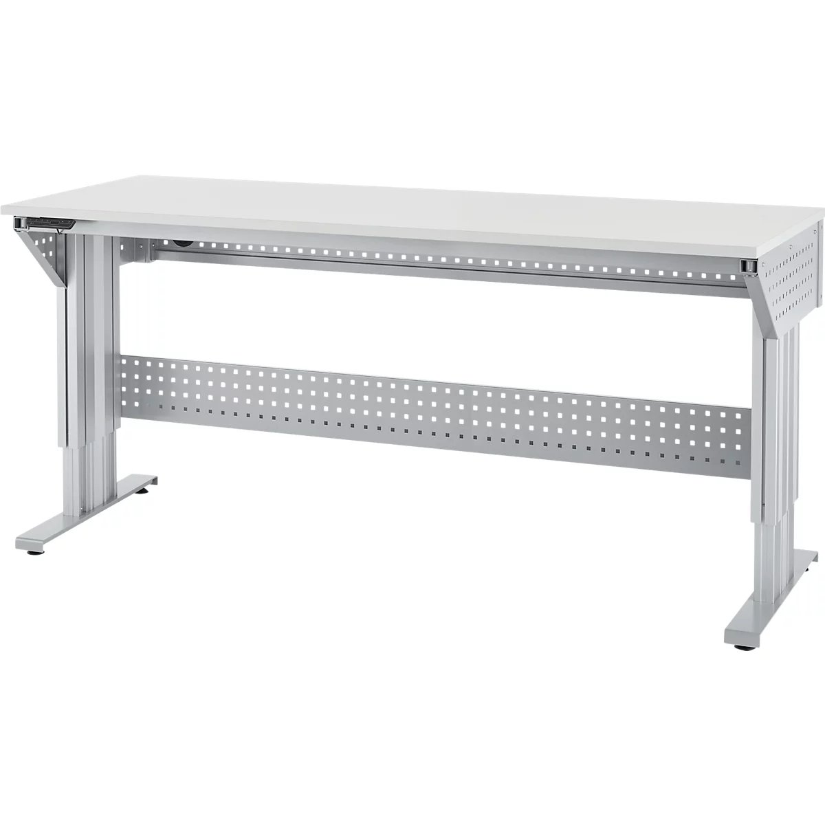 Schäfer Shop Pure Arbeitstisch AST31, elektrisch höhenverstellbar, Melaminplatte, T-Fuß, bis 400 kg, B 2000 x T 800 x H 725-1155 mm, weißaluminium/lichtgrau