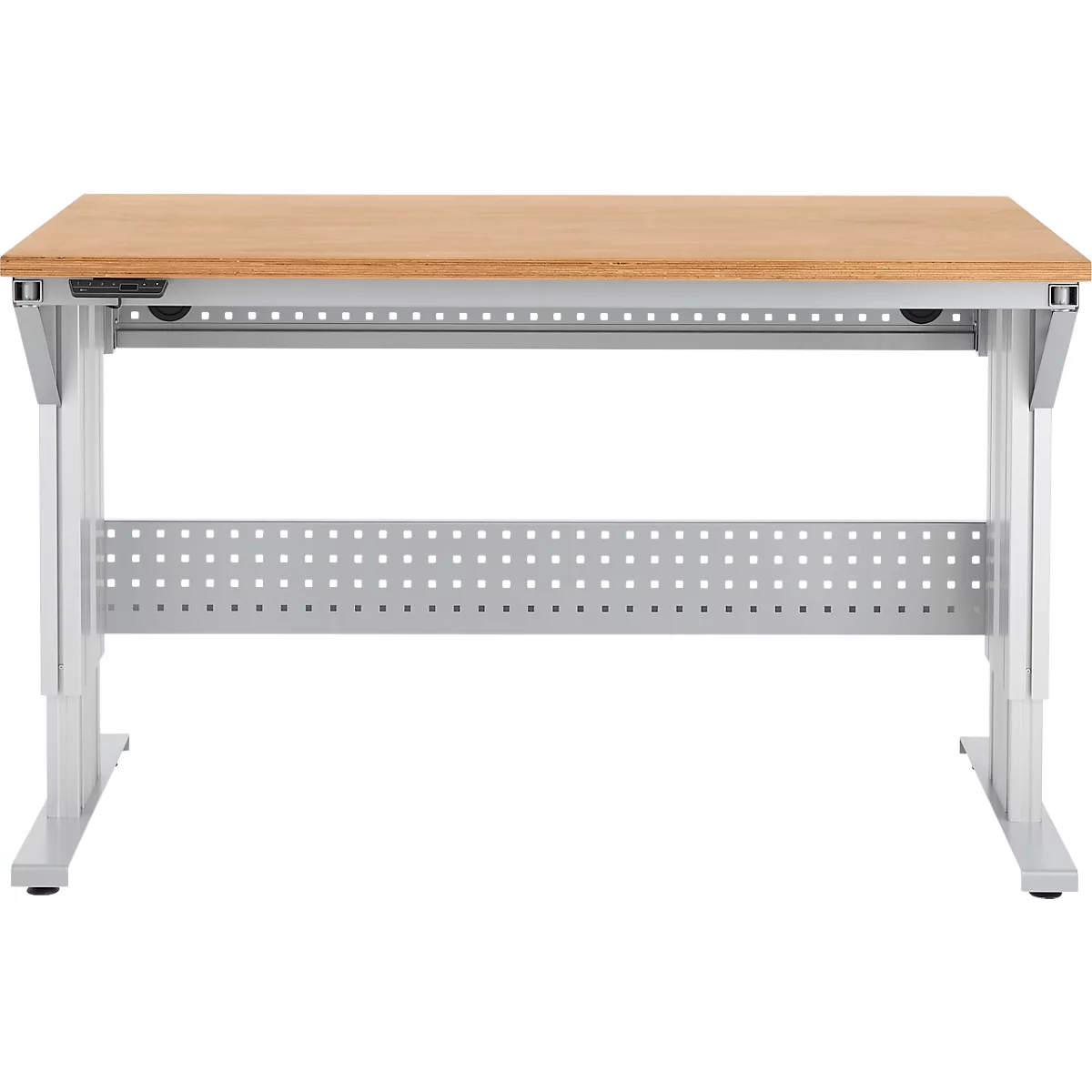 Schäfer Shop Pure Arbeitstisch AST31, elektrisch höhenverstellbar, Multiplex-Platte, T-Fuß, bis 400 kg, B 1500 x T 800 x H 730-1155 mm, weißaluminium/Buche