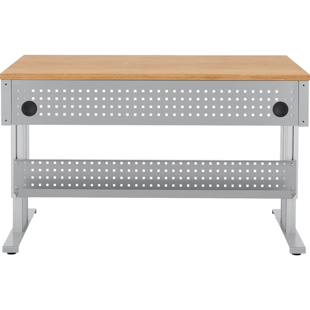 Schäfer Shop Pure Arbeitstisch AST31, elektrisch höhenverstellbar, Multiplex-Platte, T-Fuß, bis 400 kg, B 1500 x T 800 x H 730-1155 mm, weißaluminium/Buche