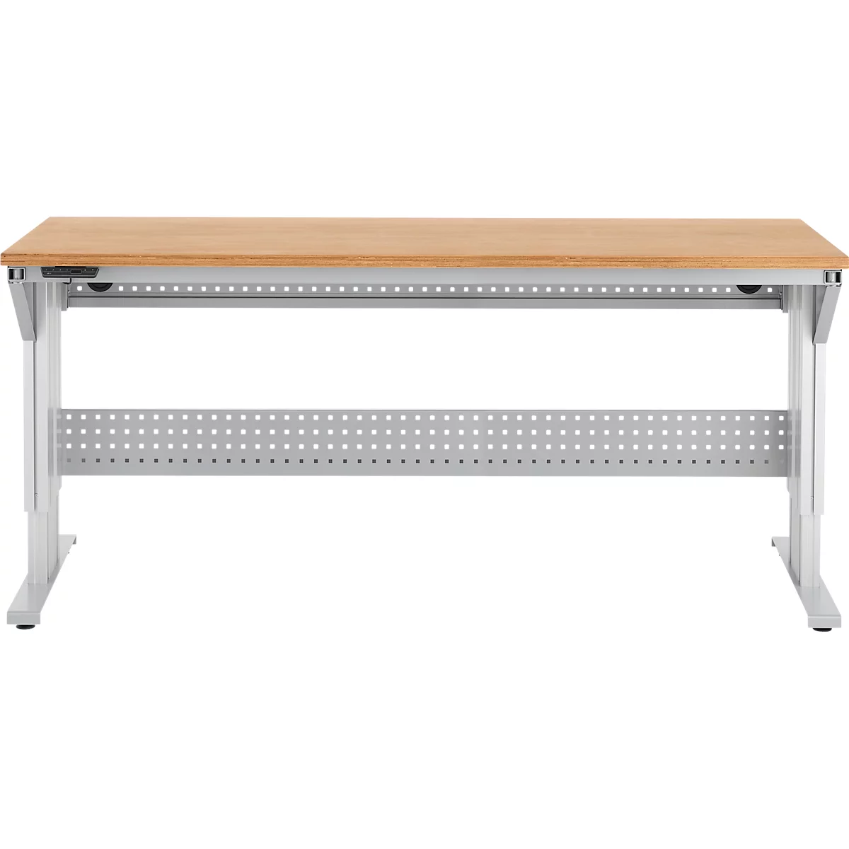 Schäfer Shop Pure Arbeitstisch AST31, elektrisch höhenverstellbar, Multiplex-Platte, T-Fuß, bis 400 kg, B 2000 x T 800 x H 730-1155 mm, weißaluminium/Buche