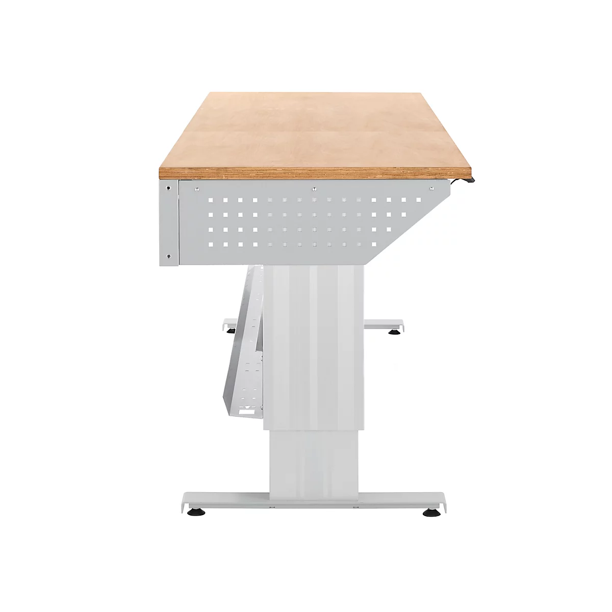 Schäfer Shop Pure Arbeitstisch AST31, elektrisch höhenverstellbar, Multiplex-Platte, T-Fuß, bis 400 kg, B 2000 x T 800 x H 730-1155 mm, weißaluminium/Buche