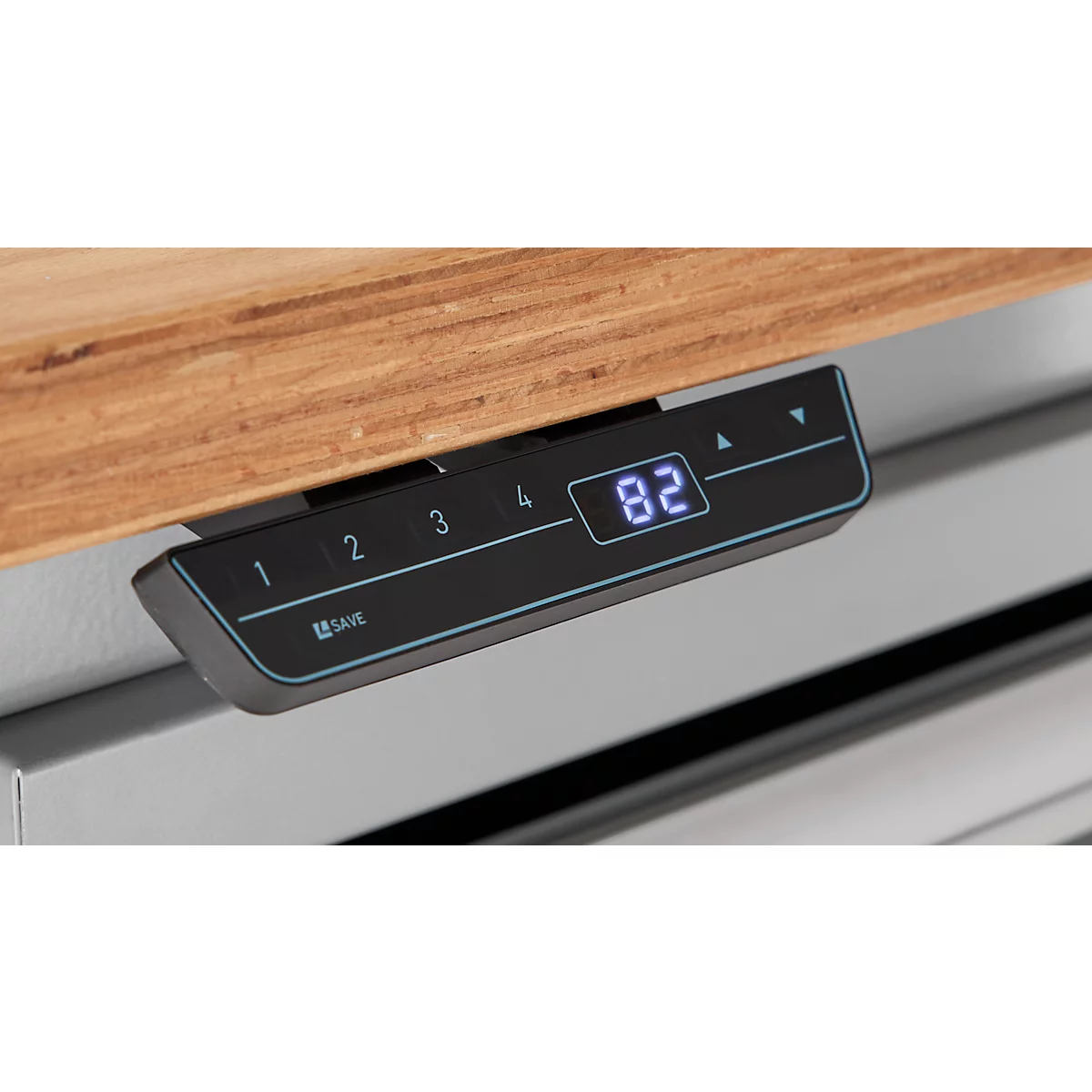 Schäfer Shop Pure Arbeitstisch AST31, elektrisch höhenverstellbar, Multiplex-Platte, T-Fuß, bis 400 kg, B 2000 x T 800 x H 730-1155 mm, weißaluminium/Buche
