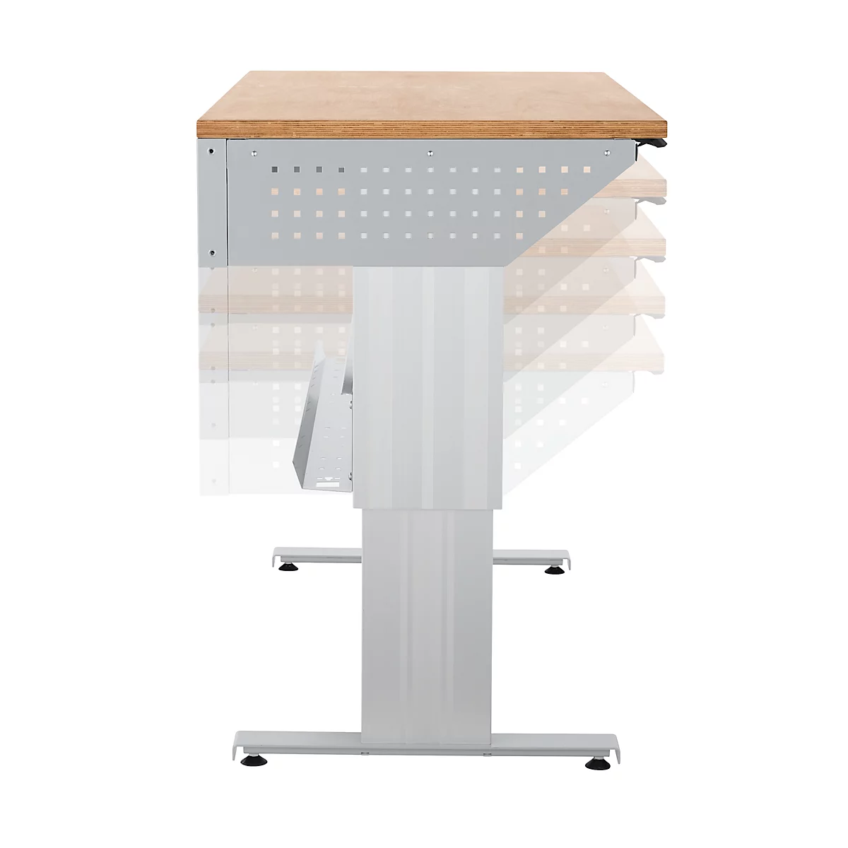 Schäfer Shop Pure Arbeitstisch AST31, elektrisch höhenverstellbar, Multiplex-Platte, T-Fuß, bis 400 kg, B 2000 x T 800 x H 730-1155 mm, weißaluminium/Buche
