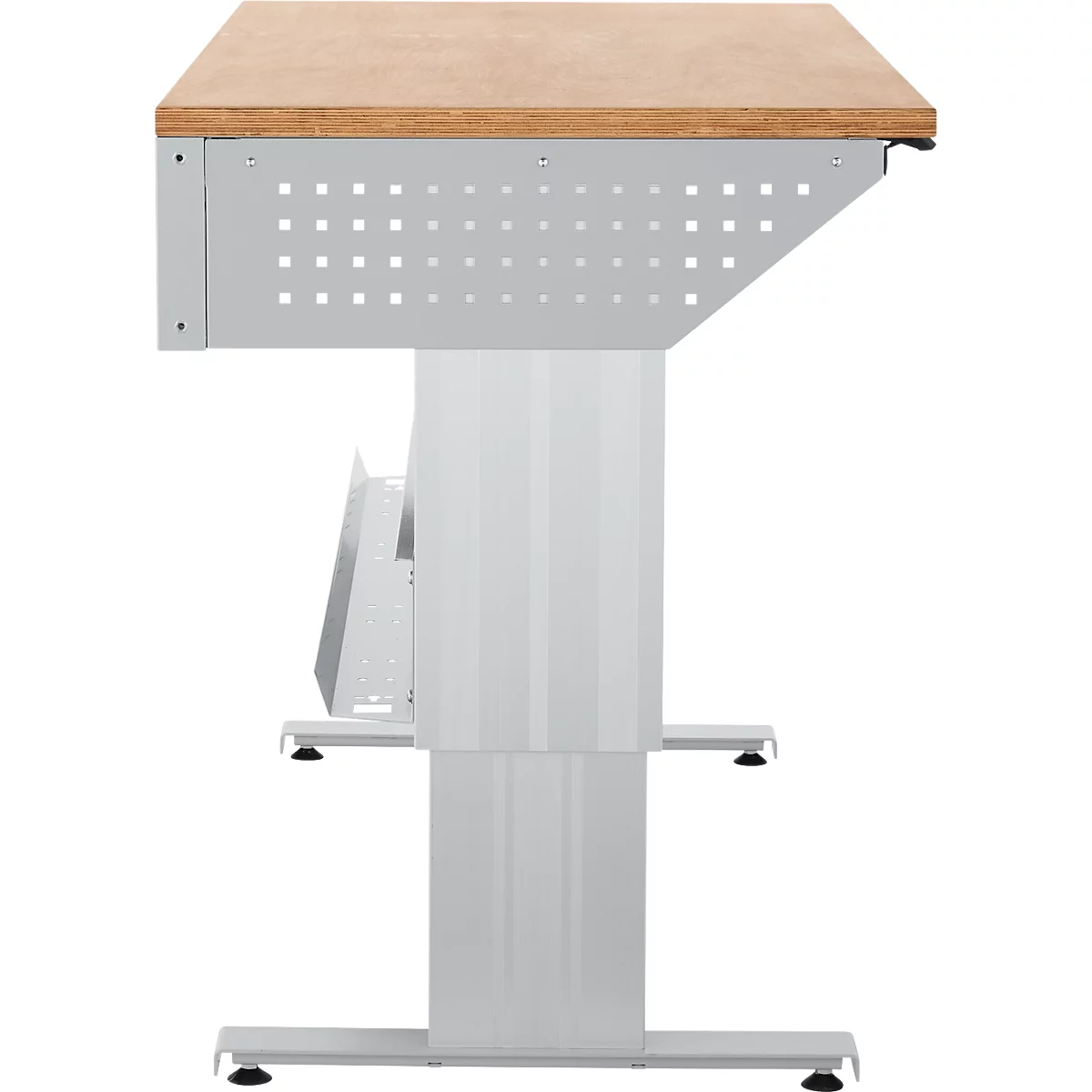 Schäfer Shop Pure Arbeitstisch AST31, elektrisch höhenverstellbar, Multiplex-Platte, T-Fuß, bis 400 kg, B 2000 x T 800 x H 730-1155 mm, weißaluminium/Buche