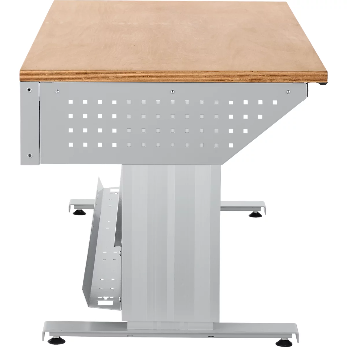 Schäfer Shop Pure Arbeitstisch AST31, elektrisch höhenverstellbar, Multiplex-Platte, T-Fuß, bis 400 kg, B 2000 x T 800 x H 730-1155 mm, weißaluminium/Buche