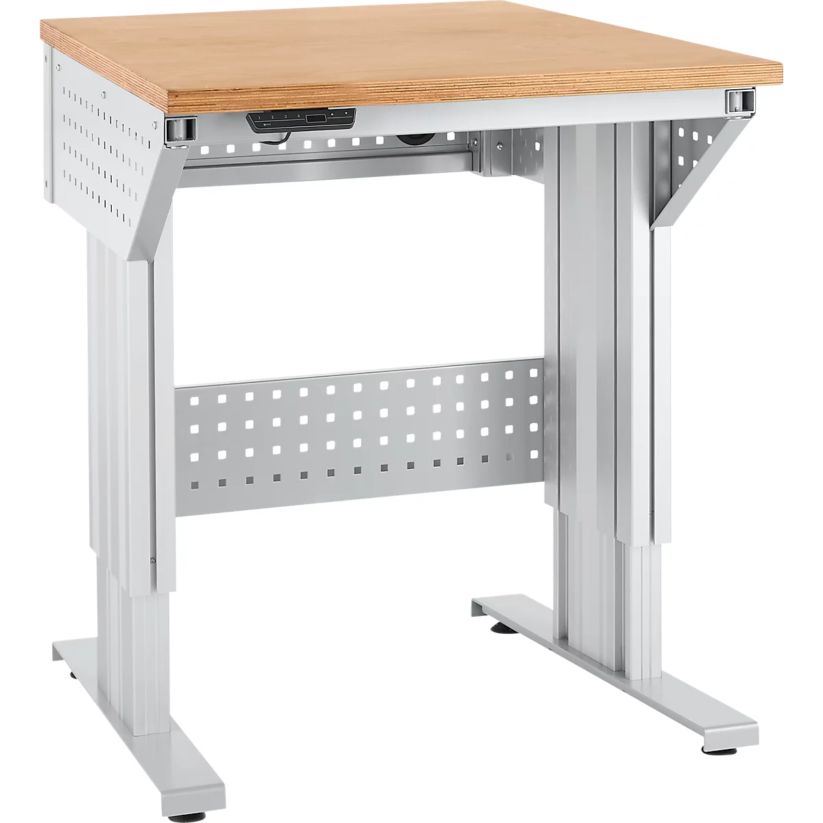 Schäfer Shop Pure Arbeitstisch AST31, elektrisch höhenverstellbar, Multiplex-Platte, T-Fuß, bis 400 kg, B 750 x T 800 x H 730-1155 mm, weißaluminium/Buche