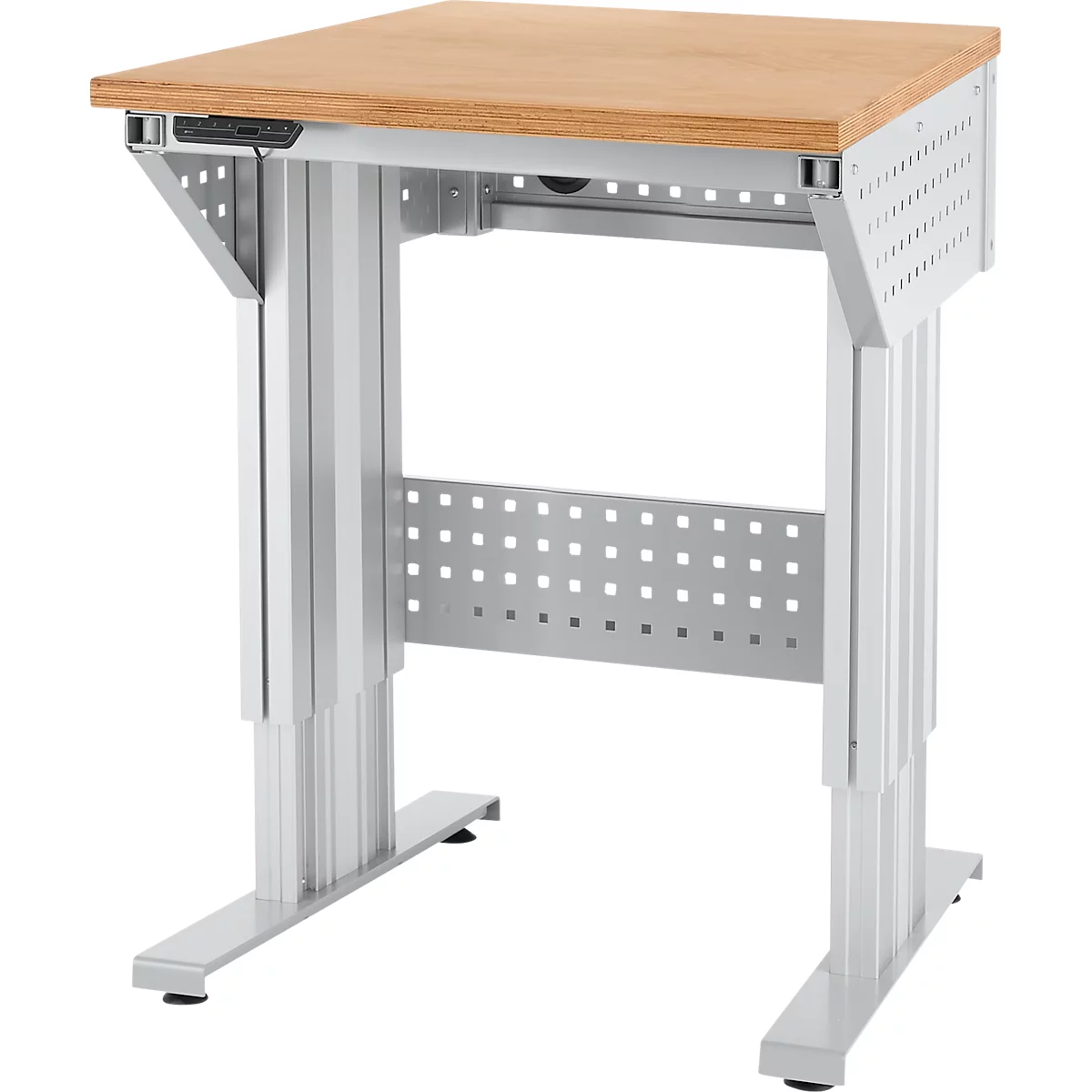 Schäfer Shop Pure Arbeitstisch AST31, elektrisch höhenverstellbar, Multiplex-Platte, T-Fuß, bis 400 kg, B 750 x T 800 x H 730-1155 mm, weißaluminium/Buche