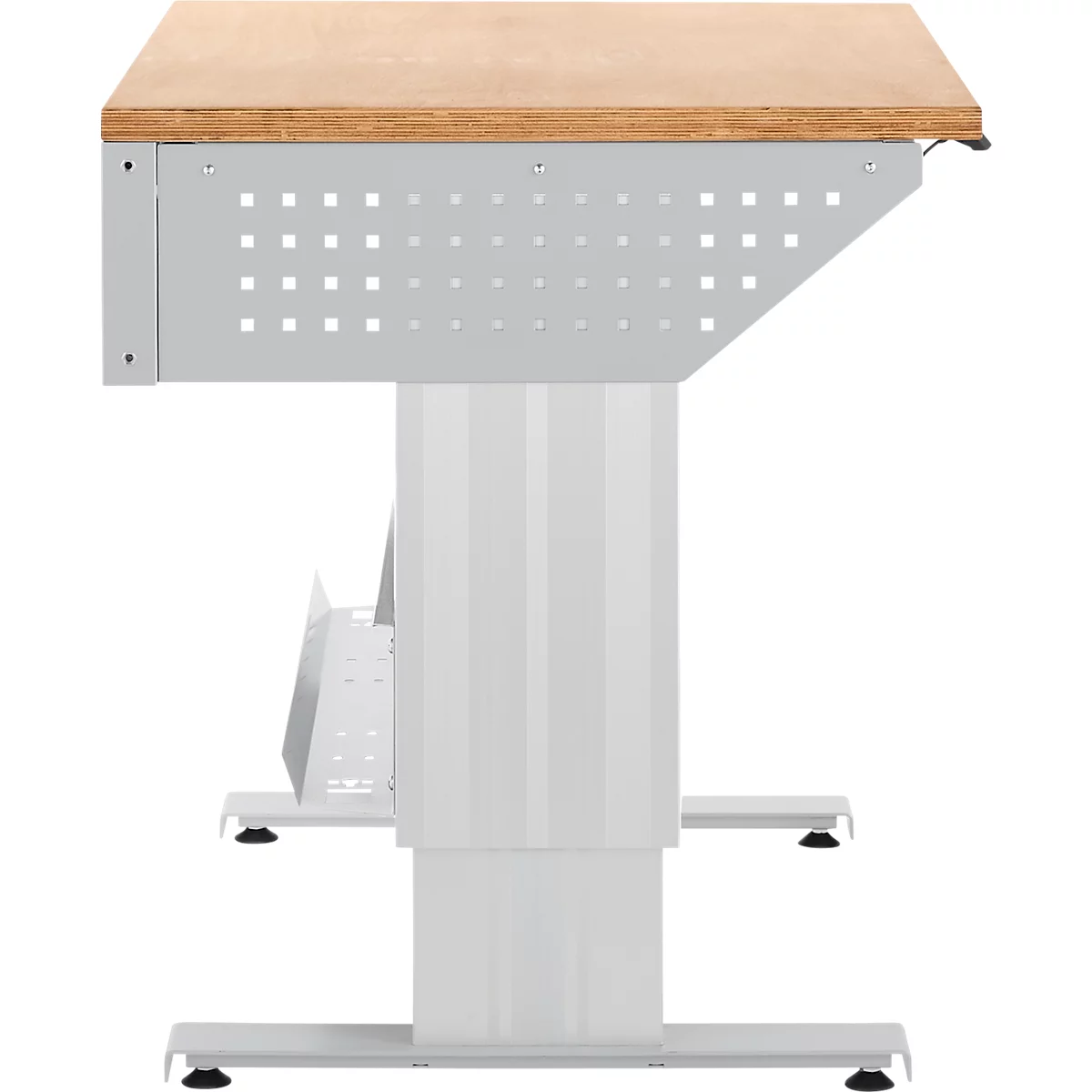 Schäfer Shop Pure Arbeitstisch AST31, elektrisch höhenverstellbar, Multiplex-Platte, T-Fuß, bis 400 kg, B 750 x T 800 x H 730-1155 mm, weißaluminium/Buche