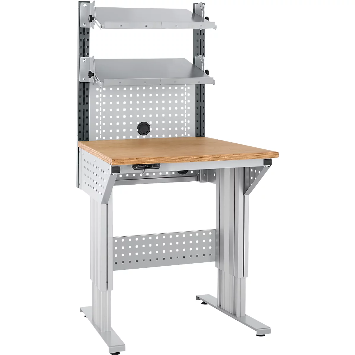 Schäfer Shop Pure Arbeitstisch AST31, elektrisch höhenverstellbar, Multiplex-Platte, T-Fuß, bis 400 kg, B 750 x T 800 x H 730-1155 mm, weißaluminium/Buche