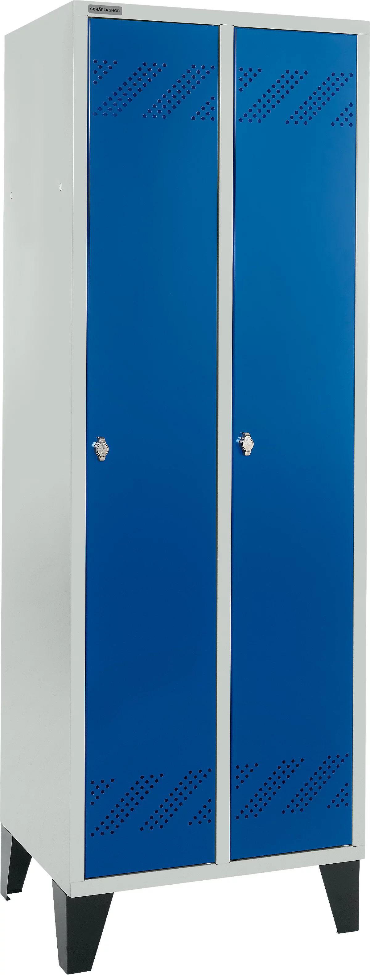 Schäfer Shop Pure Armario, 2 compartimentos, sobre patas, cierre giratorio, gris claro/azul genciana