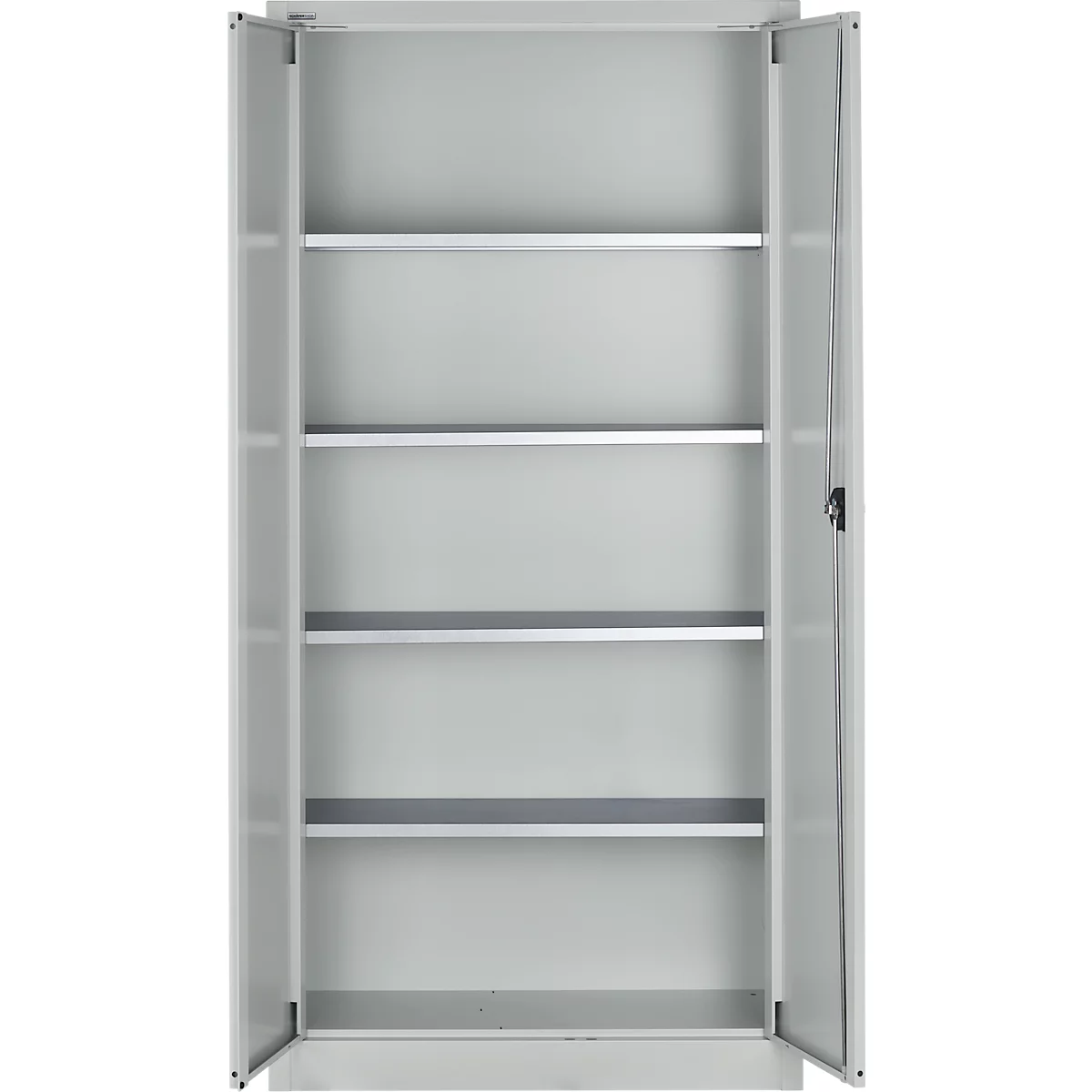 Armario metálico gris con puertas abiertas. Cuatro estantes en el interior. Fondo blanco.