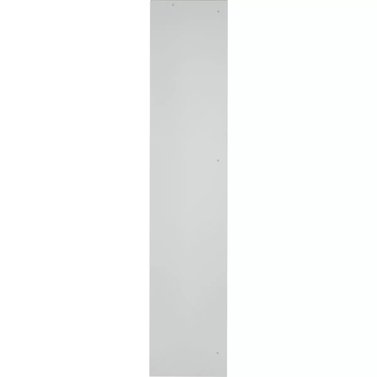 Puerta gris, vertical. Dos tornillos plateados en la parte superior e inferior.