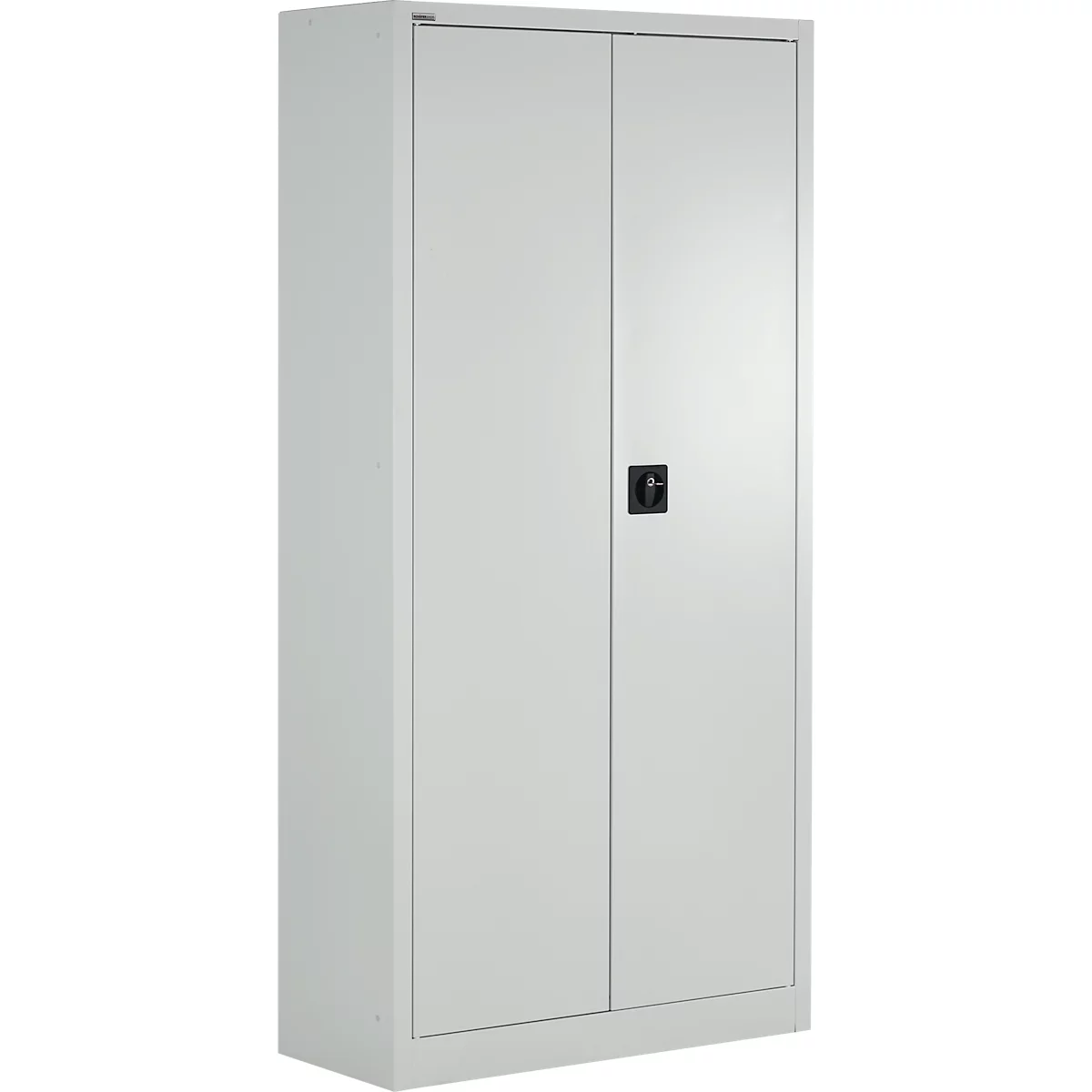 Armario alto de acero gris claro con dos puertas y un tirador negro.