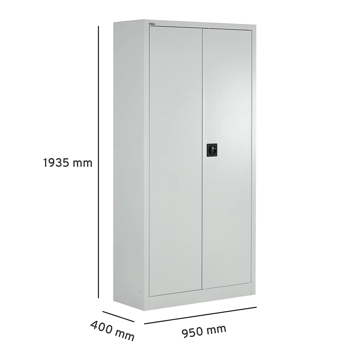 Archivador gris con dos puertas, asa negra y dimensiones en mm.