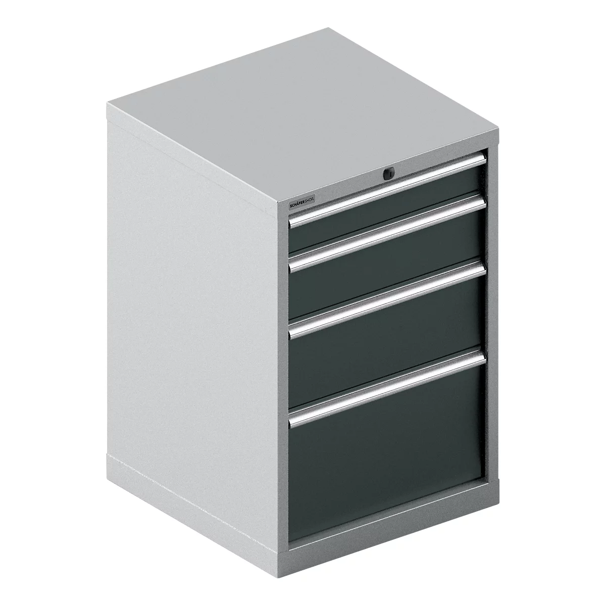 Armoire à outils grise avec quatre tiroirs, poignées en métal et serrure.