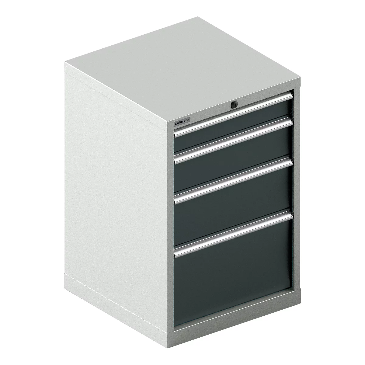 Armoire à outils grise avec quatre tiroirs et poignées argentées.