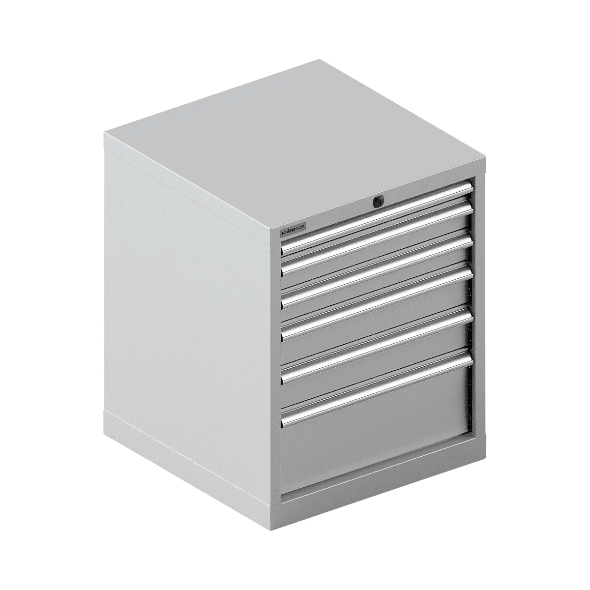 Armoire à outils grise avec 5 tiroirs et poignées argentées.