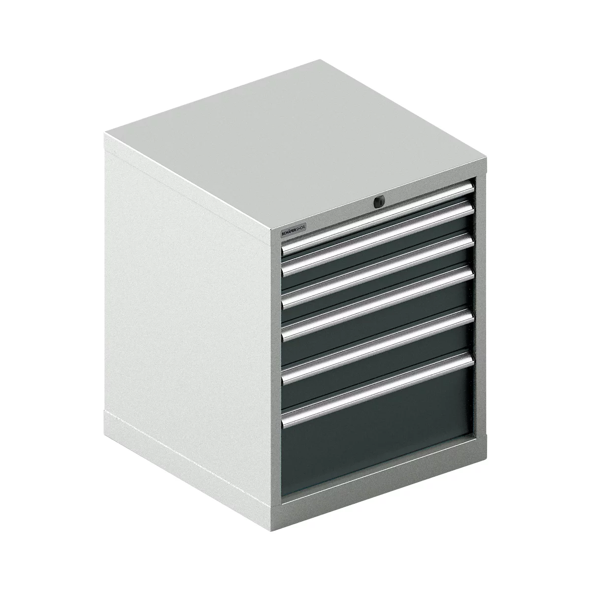 Armoire à outils grise avec 5 tiroirs et poignées argentées. L'armoire a une serrure.