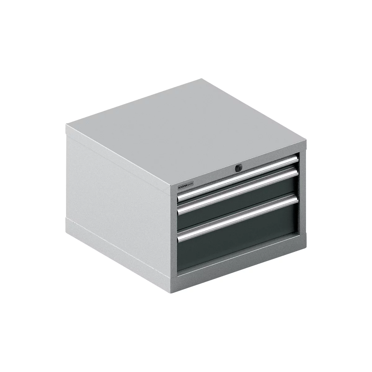 Armoire à outils grise avec deux tiroirs. Les tiroirs ont des poignées argentées.