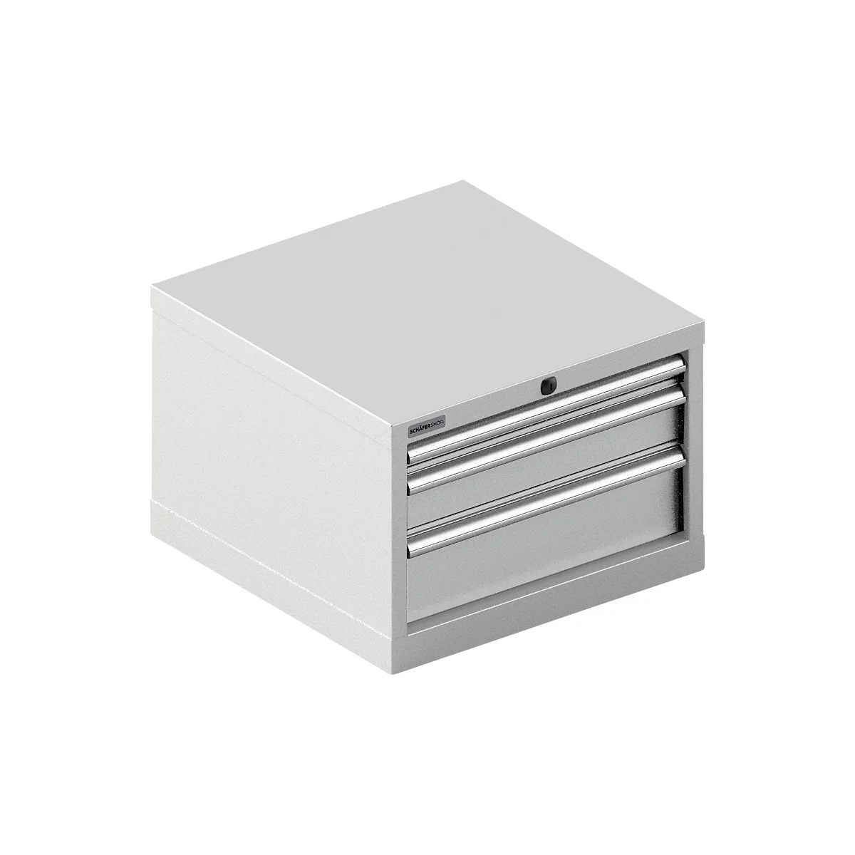 Coffre à outils gris avec trois tiroirs. Surface supérieure avec serrure. Logo 'SCHWEISS' sur le côté.