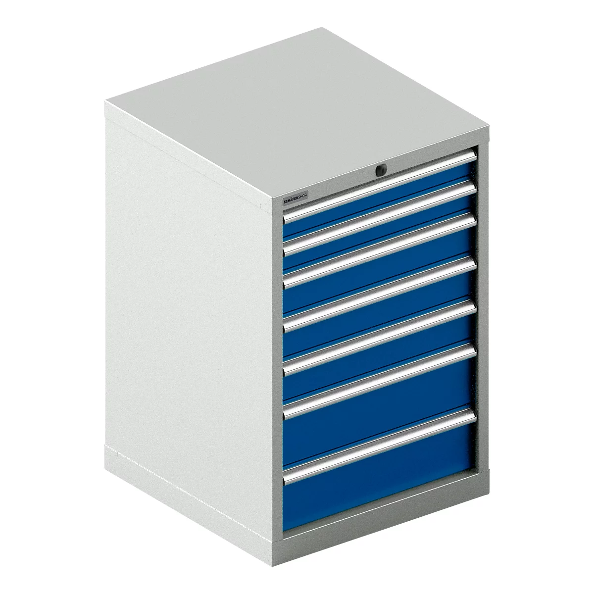 Armoire à outils grise et blanche avec tiroirs bleus. Tiroir supérieur avec serrure.